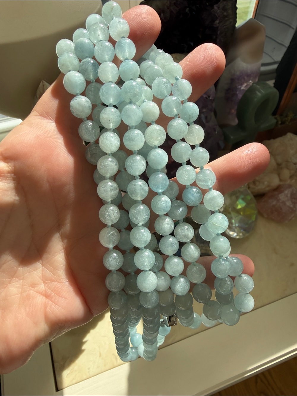 Aquamarine Knotted Long Necklace 925 clasp - Light Blue